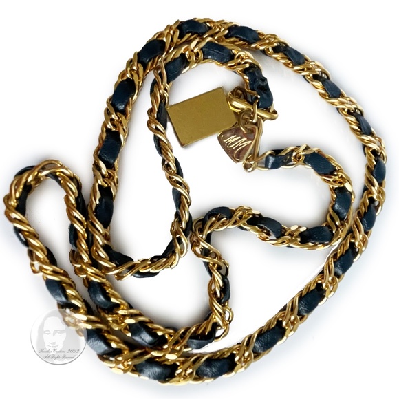 Vintage Belt Gold Chain and Blue Leather by Morris Moskowitz 80s - Picture 1 of 7